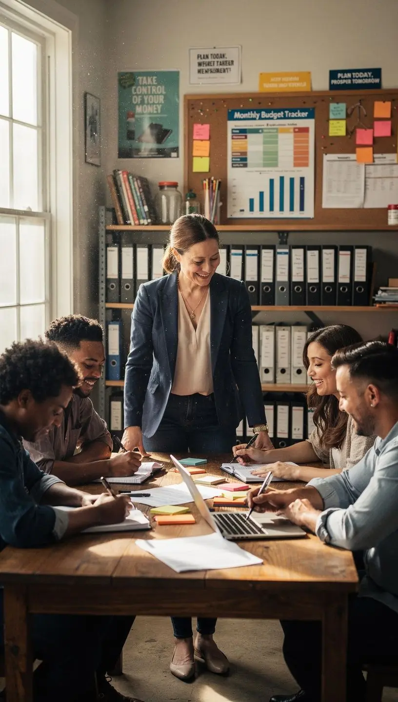 Személyes pénzügyi tanácsadó és ügyfél egy asztalnál, tervező rendszert bemutatva.